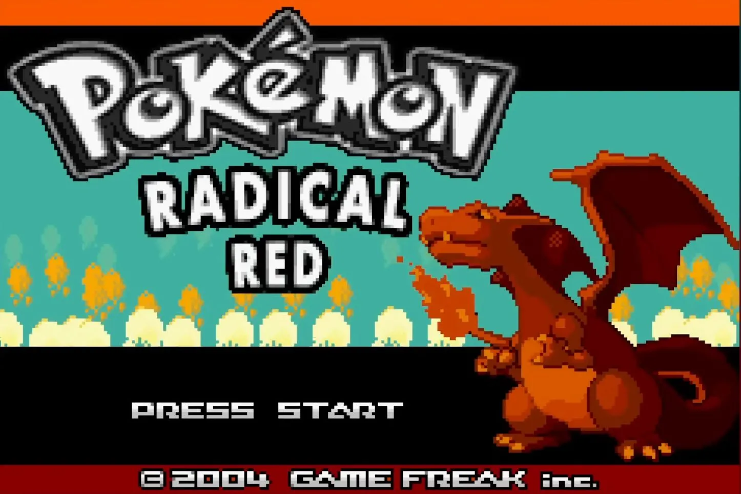 Charizard trên màn hình tiêu đề của ROM hack Pokémon Radical Red, nhấn mạnh sự kịch tính.
