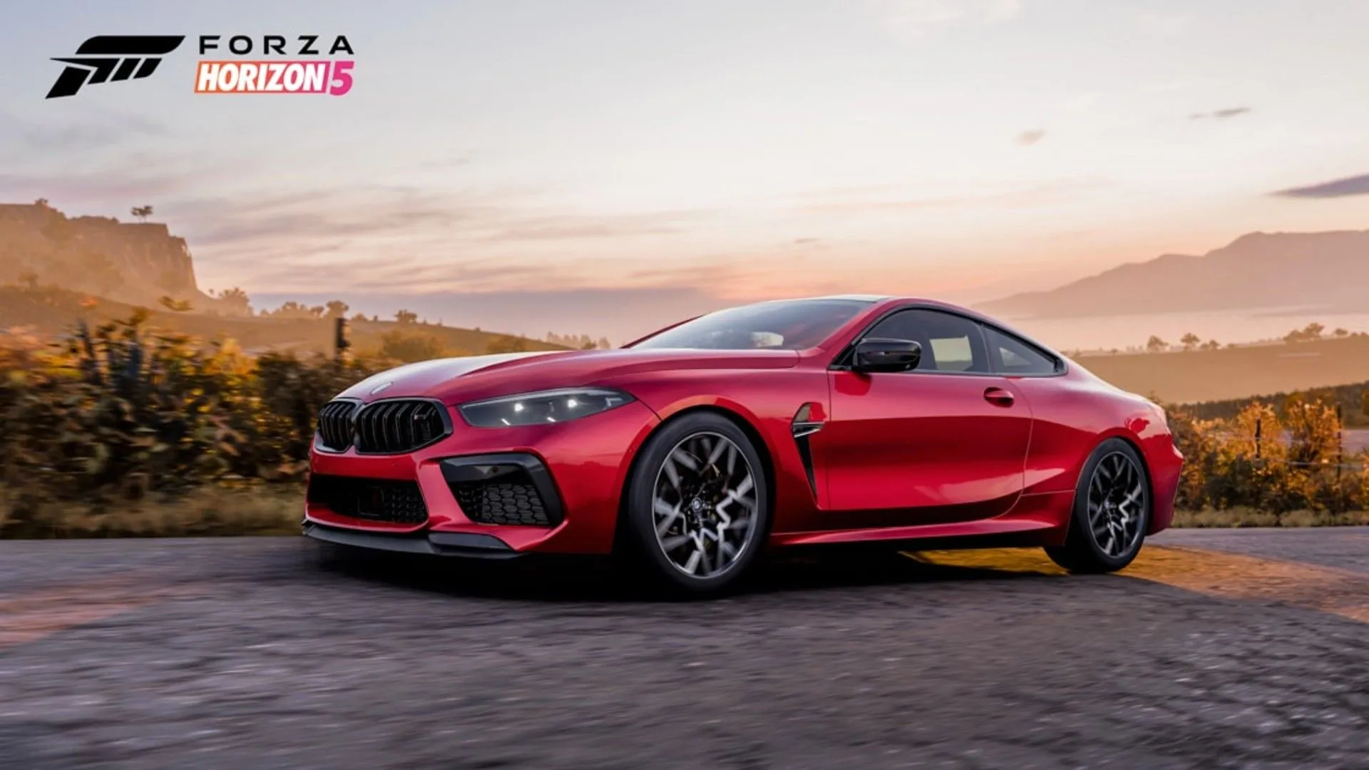 Chiếc xe thể thao màu đỏ lướt trên con đường ven biển ngắm hoàng hôn rực rỡ trong Forza Horizon 5, một tựa game đua xe Xbox đỉnh cao cho Switch 2