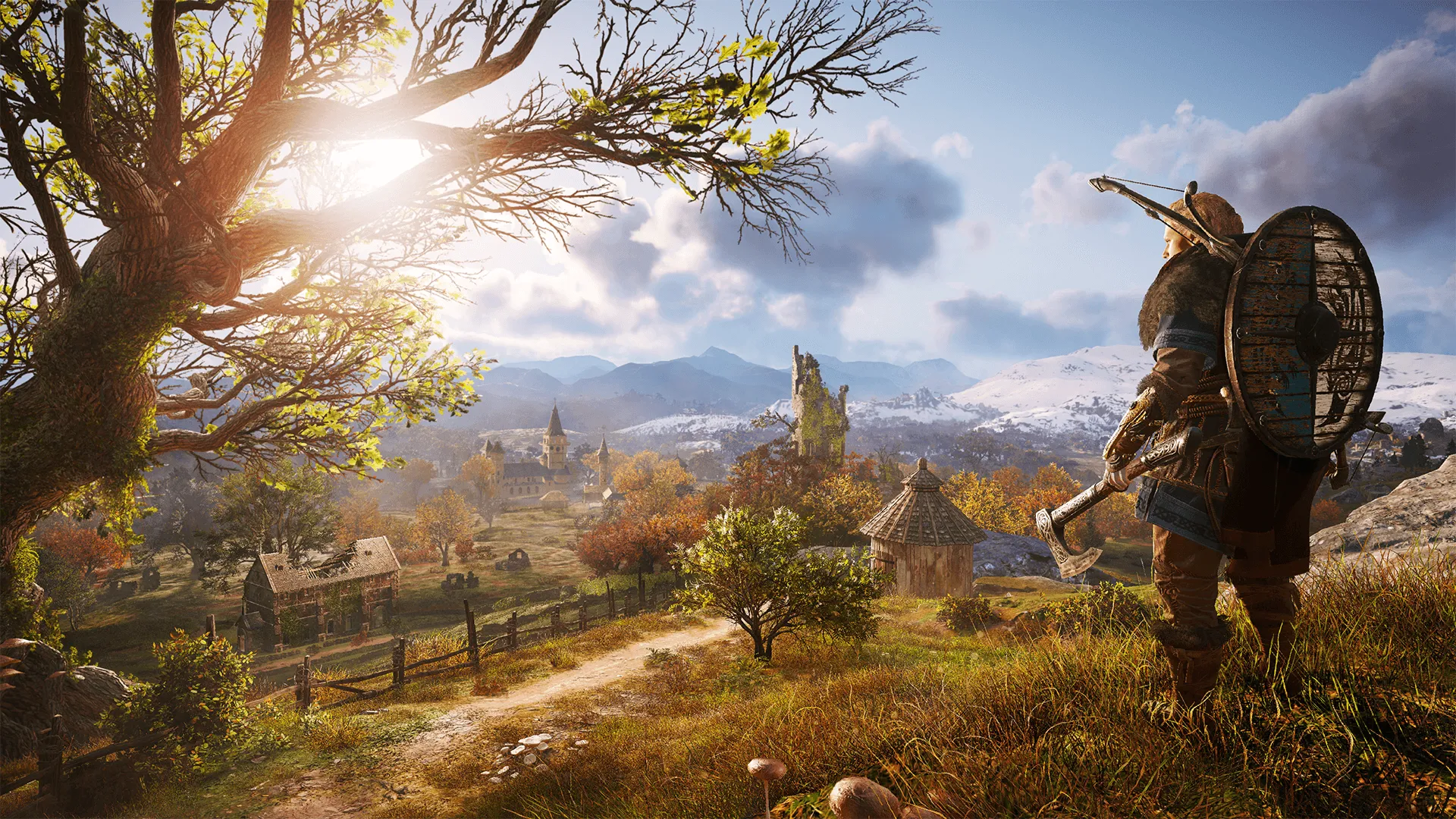 Chiến binh Viking Eivor trong Assassin's Creed Valhalla giữa khung cảnh nước Anh thời Trung Cổ