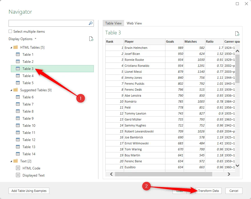 Chọn bảng dữ liệu trong hộp thoại Navigator và nhấp &quot;Transform Data&quot; để mở Power Query Editor trong Excel.
