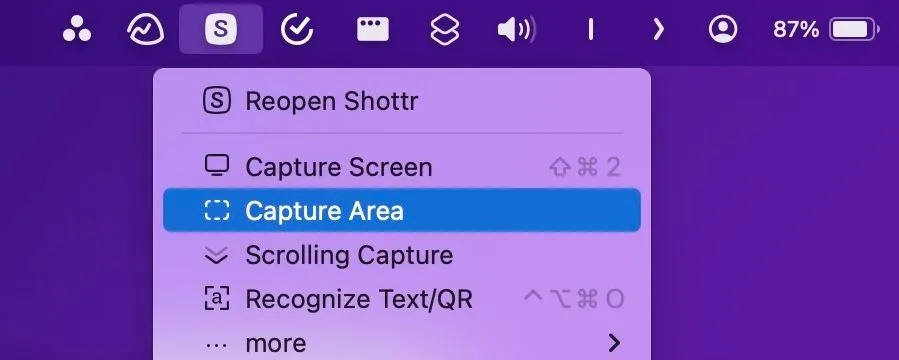 Chọn chế độ Chụp Vùng (Capture Area) trong menu Shottr để chụp ảnh màn hình chính xác trên Mac