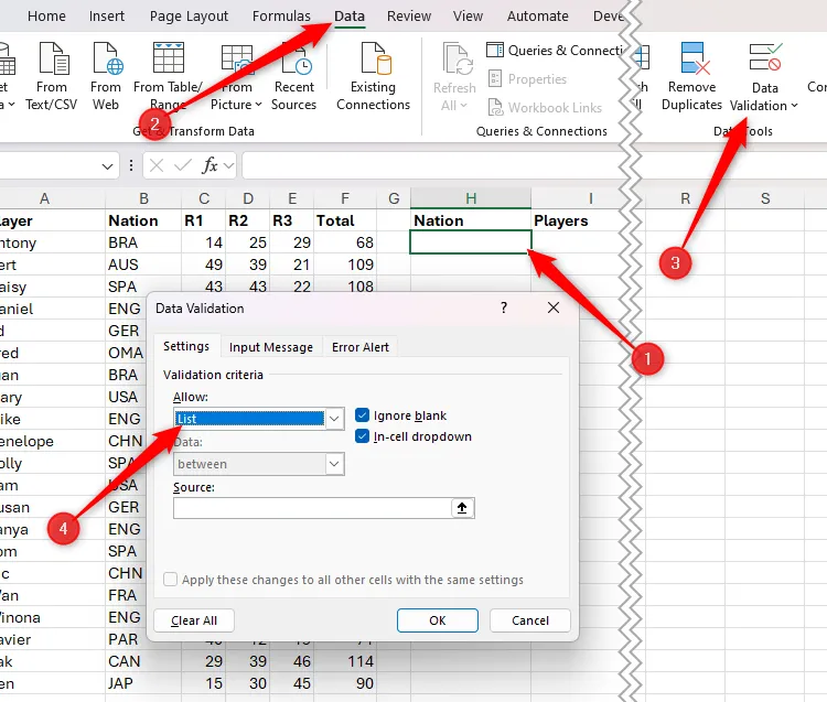 Chọn Data Validation và tùy chọn &quot;List&quot; để tạo danh sách thả xuống từ dữ liệu chưa định dạng
