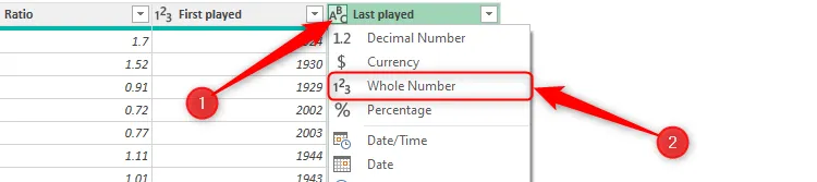 Chọn định dạng dữ liệu &quot;Whole Number&quot; (Số nguyên) cho cột trong Power Query Editor.