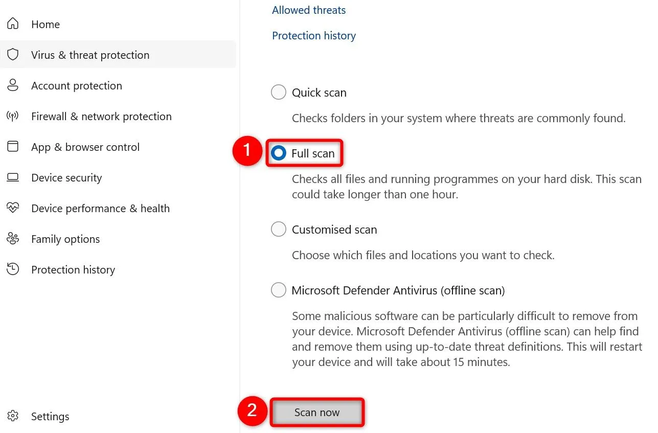 Chọn &quot;Full Scan&quot; trong Windows Security để quét toàn bộ hệ thống tìm kiếm phần mềm độc hại gây tốn RAM