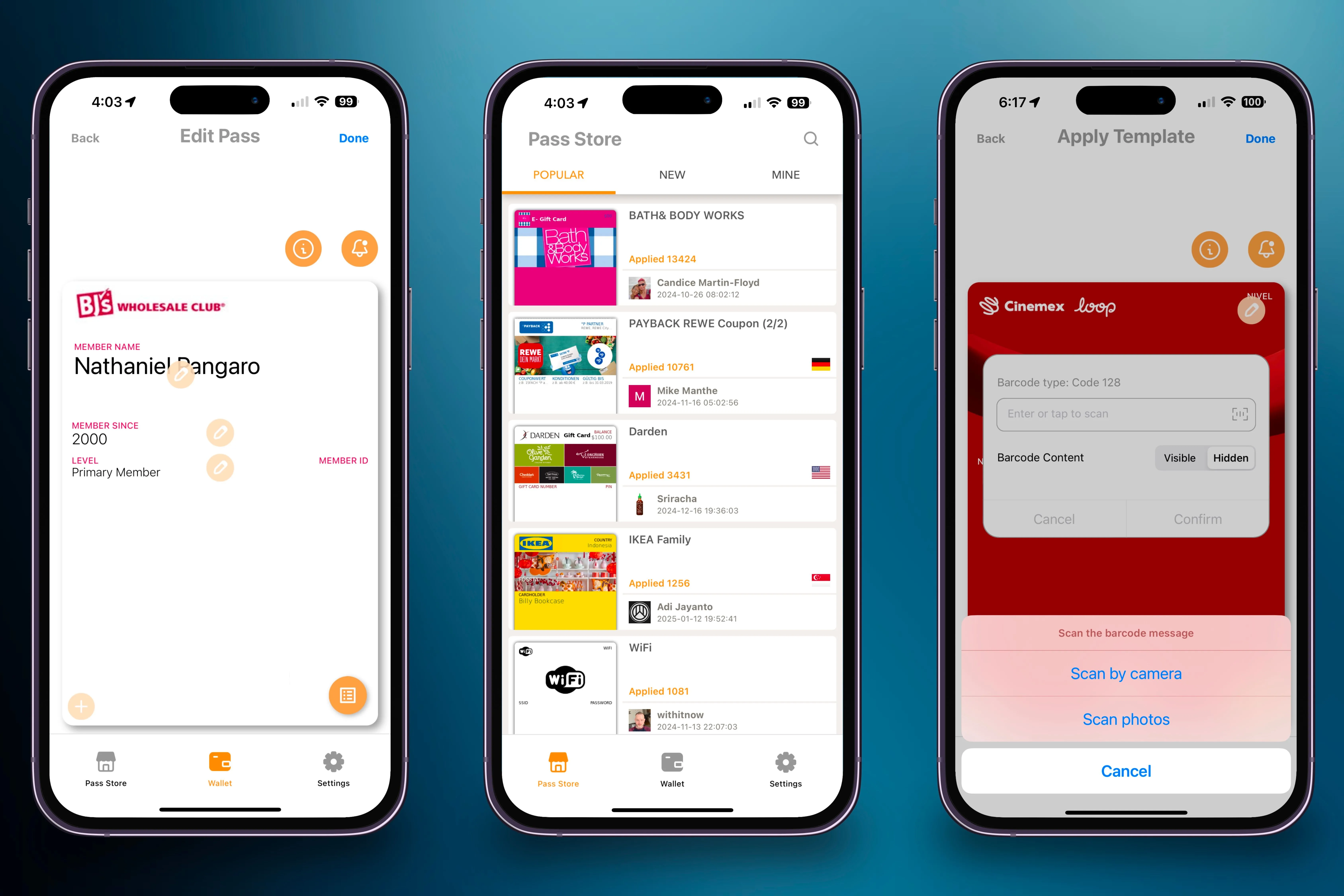 Chọn mẫu thẻ mong muốn, thêm thông tin cá nhân và nhập tài khoản vào ứng dụng Pass2U Wallet từ Pass Store.