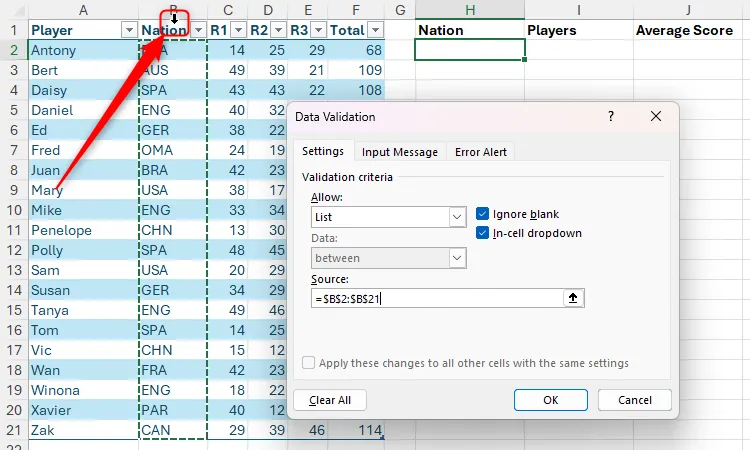 Chọn một cột dữ liệu trong bảng Excel làm nguồn cho Data Validation