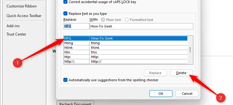 Chọn một mục AutoCorrect trong Word và nút &quot;Xóa&quot; (Delete) được tô sáng, hướng dẫn cách loại bỏ mục tự sửa không mong muốn.