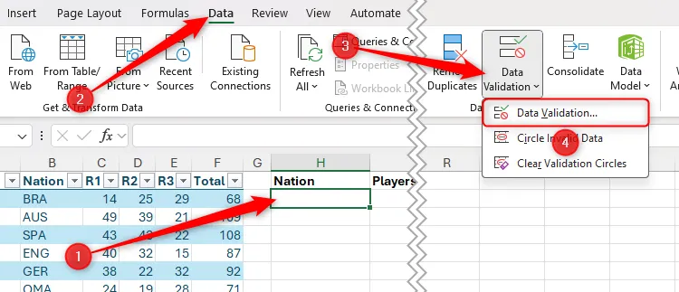 Chọn ô đích và nút Data Validation trên thanh công cụ Excel