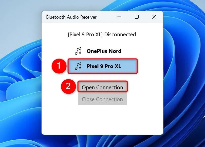Chọn thiết bị để nhận âm thanh trong ứng dụng Bluetooth Audio Receiver trên Windows 11