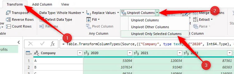 Chọn &quot;Unpivot Only Selected Columns&quot; (Chỉ unpivot các cột đã chọn) trong menu Unpivot Columns trên tab Transform.