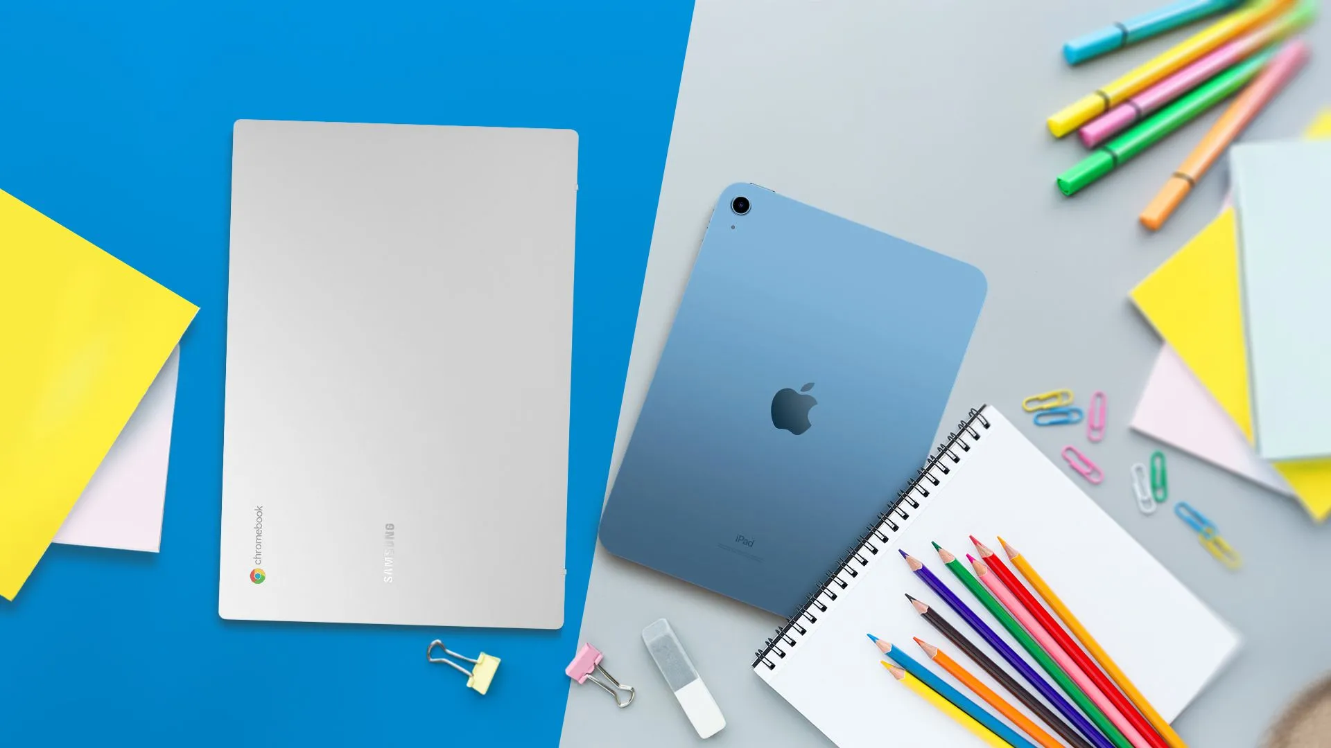 Chromebook và iPad cùng đồ dùng học tập