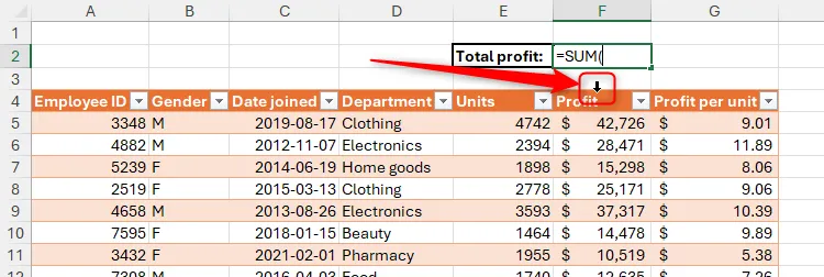 Công thức SUM trong Excel đã được tạo, và con trỏ đã biến thành mũi tên đen chỉ xuống khi chuột di chuyển qua tên cột trong bảng Excel.