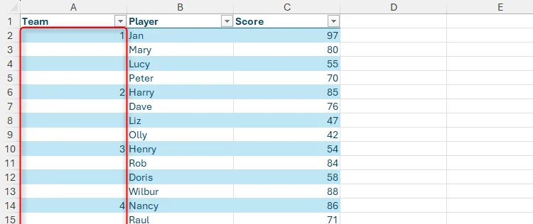 Cột &quot;Team Number&quot; (Số đội) trong Excel chỉ điền một phần dữ liệu, gây khó khăn khi sắp xếp và lọc.