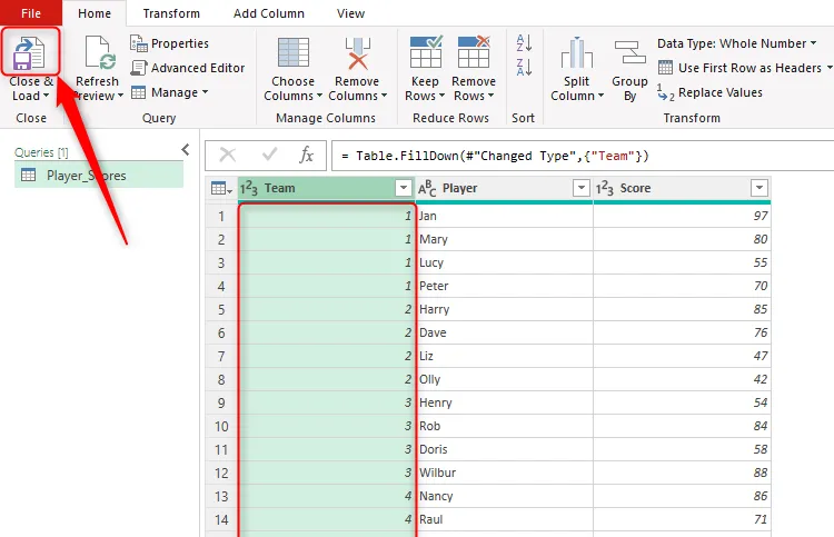 Cột &quot;Team Number&quot; trong Power Query Editor sau khi điền đầy đủ dữ liệu bằng lệnh &quot;Fill Down&quot;, sẵn sàng để tải về Excel.