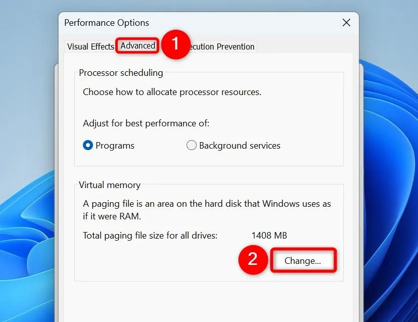 Cửa sổ &quot;Performance Options&quot; trên Windows 11, truy cập cài đặt bộ nhớ ảo để tăng dung lượng RAM