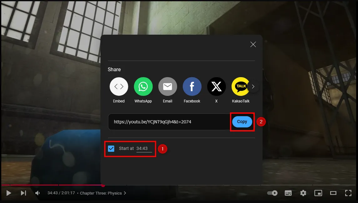 Cửa sổ tùy chọn chia sẻ video YouTube trên máy tính với tính năng bắt đầu tại thời điểm