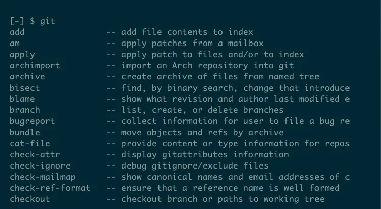 Danh sách các subcommand của Git như add, blame, checkout hiển thị khi sử dụng Tab Completion sau lệnh &quot;git&quot; trong terminal.