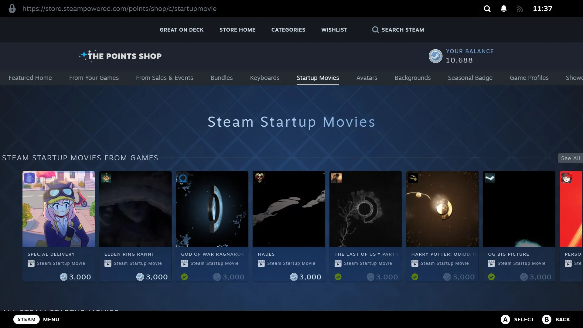 Danh sách các video khởi động Steam có sẵn trong Cửa hàng Điểm để người dùng mua.