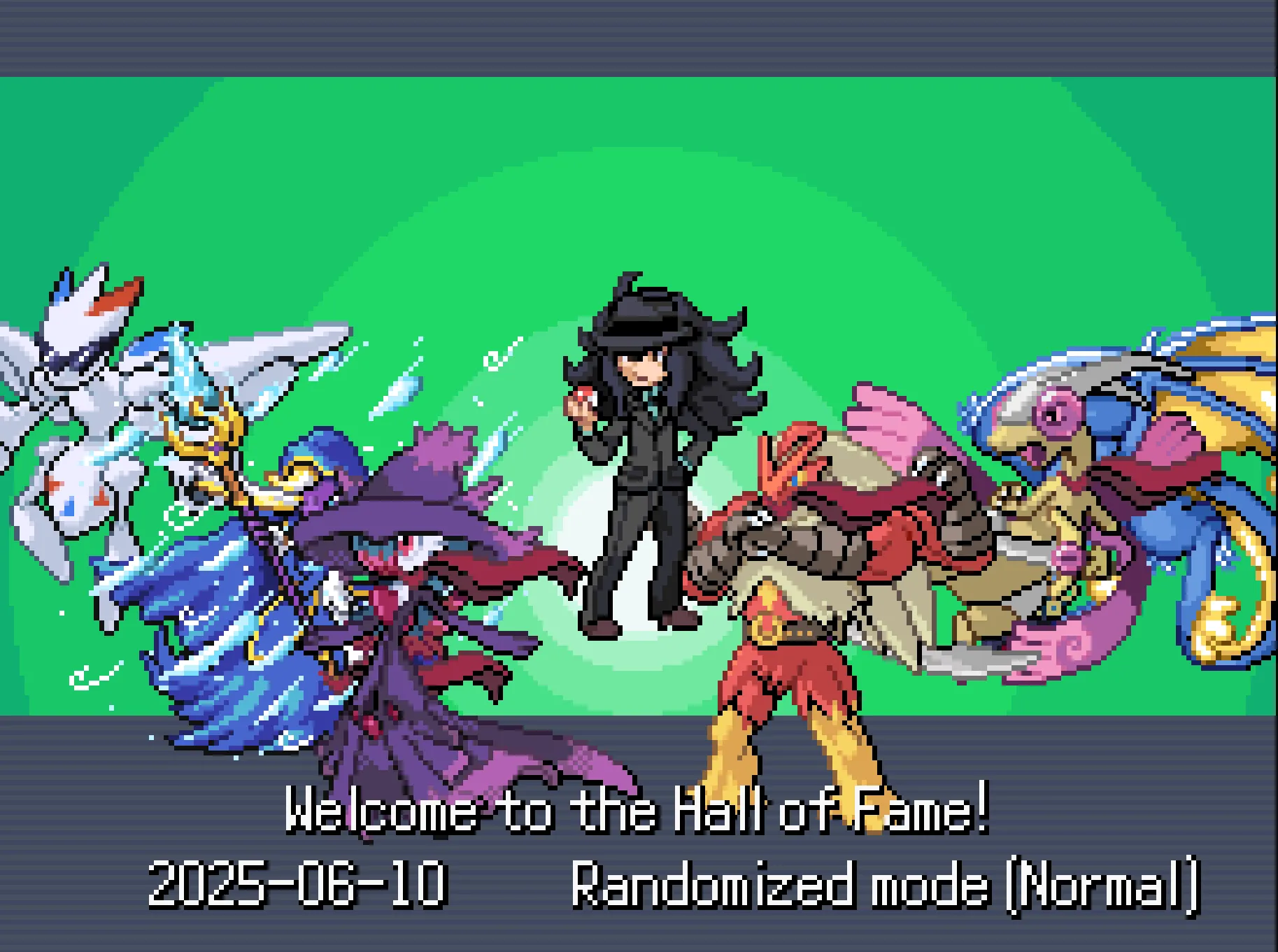 Danh sách Hall of Fame với các Pokémon hợp nhất độc đáo, minh chứng cho sự đa dạng sprite trong ROM hack Pokémon Infinite Fusion