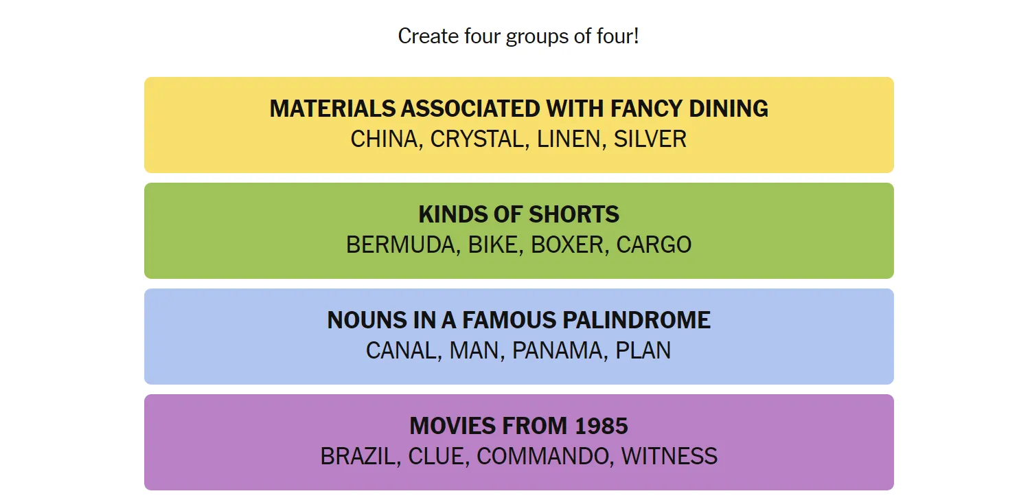 Đáp án game Connections NYT ngày 29/03 với các nhóm từ đã được sắp xếp