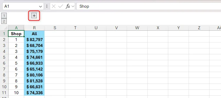 Dấu cộng trong Excel, chỉ báo rằng các cột được nhóm đang bị ẩn