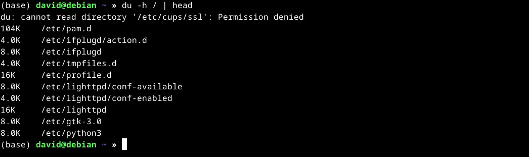 Đầu ra của lệnh du -h kết hợp với head trong terminal Linux, hiển thị kích thước file/thư mục