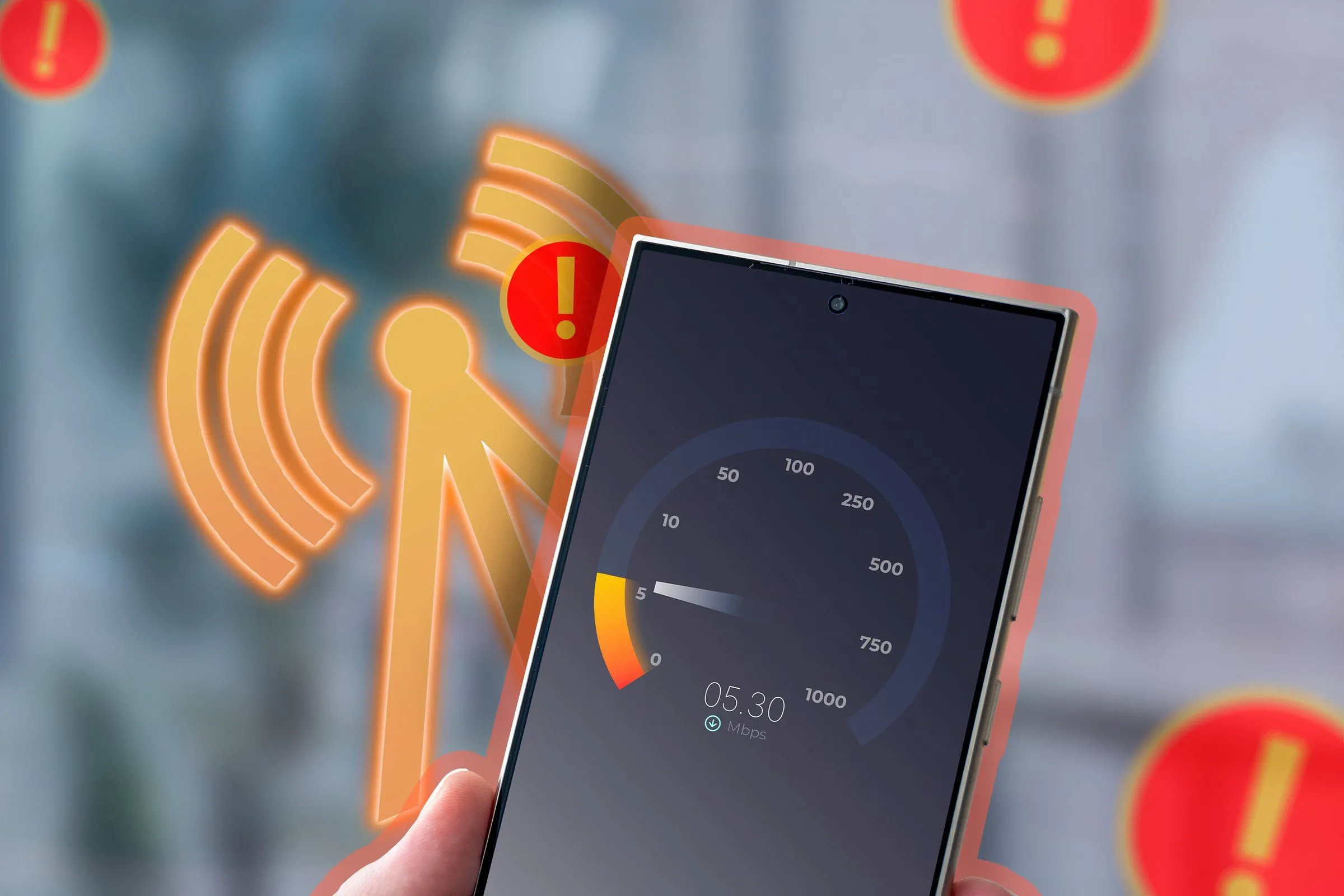 Điện thoại đang chạy thử nghiệm tốc độ internet, hiển thị kết nối 5G và tốc độ tải lên/tải xuống vượt trội.