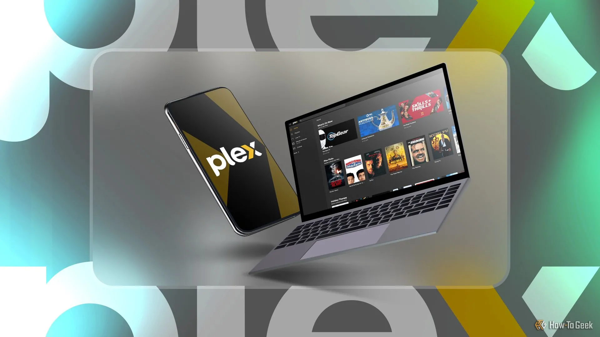 Điện thoại hiển thị logo Plex và laptop với màn hình chính Plex, minh họa trải nghiệm đa nền tảng