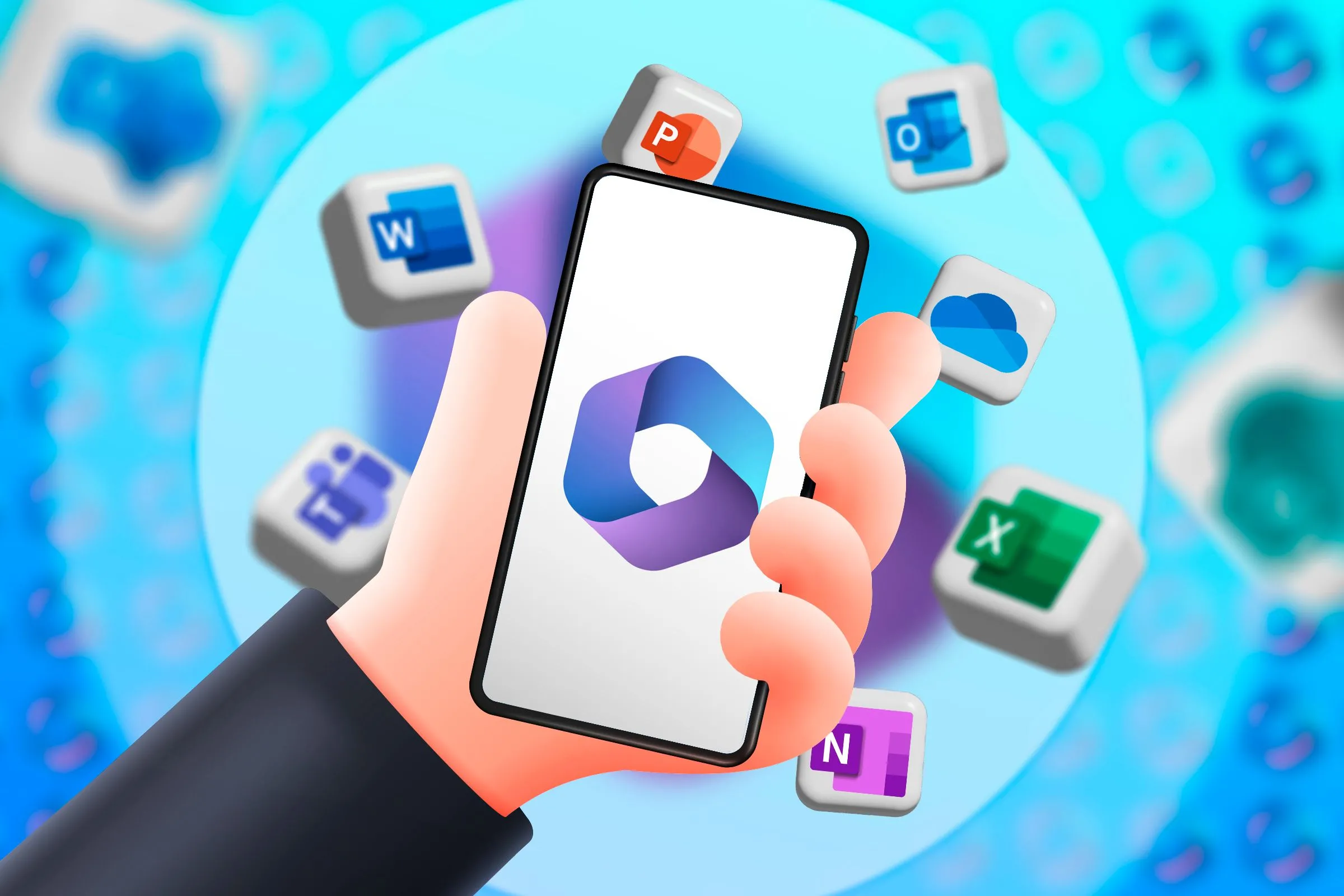 Điện thoại hiển thị ứng dụng Microsoft 365 với các icon ứng dụng văn phòng và logo Copilot AI