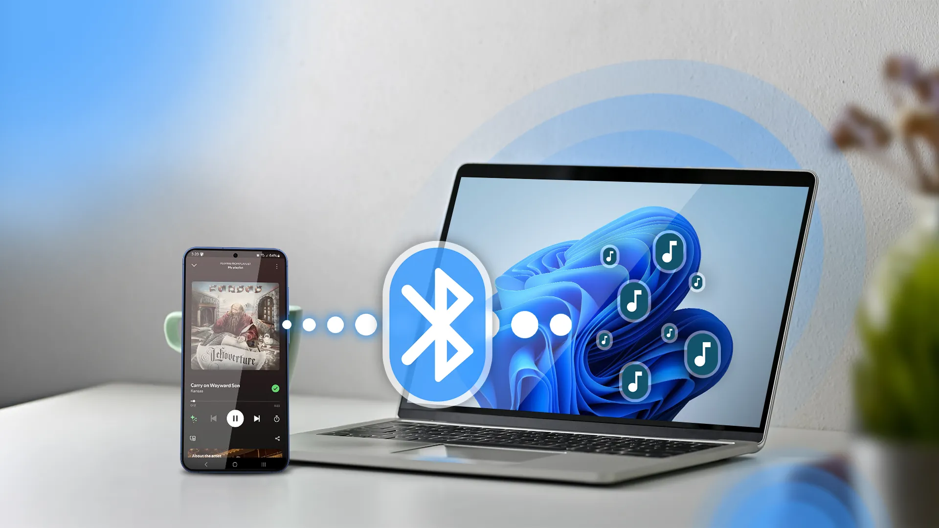 Điện thoại phát nhạc và laptop Windows 11 đặt cạnh nhau, với biểu tượng Bluetooth ở giữa, thể hiện kết nối không dây.