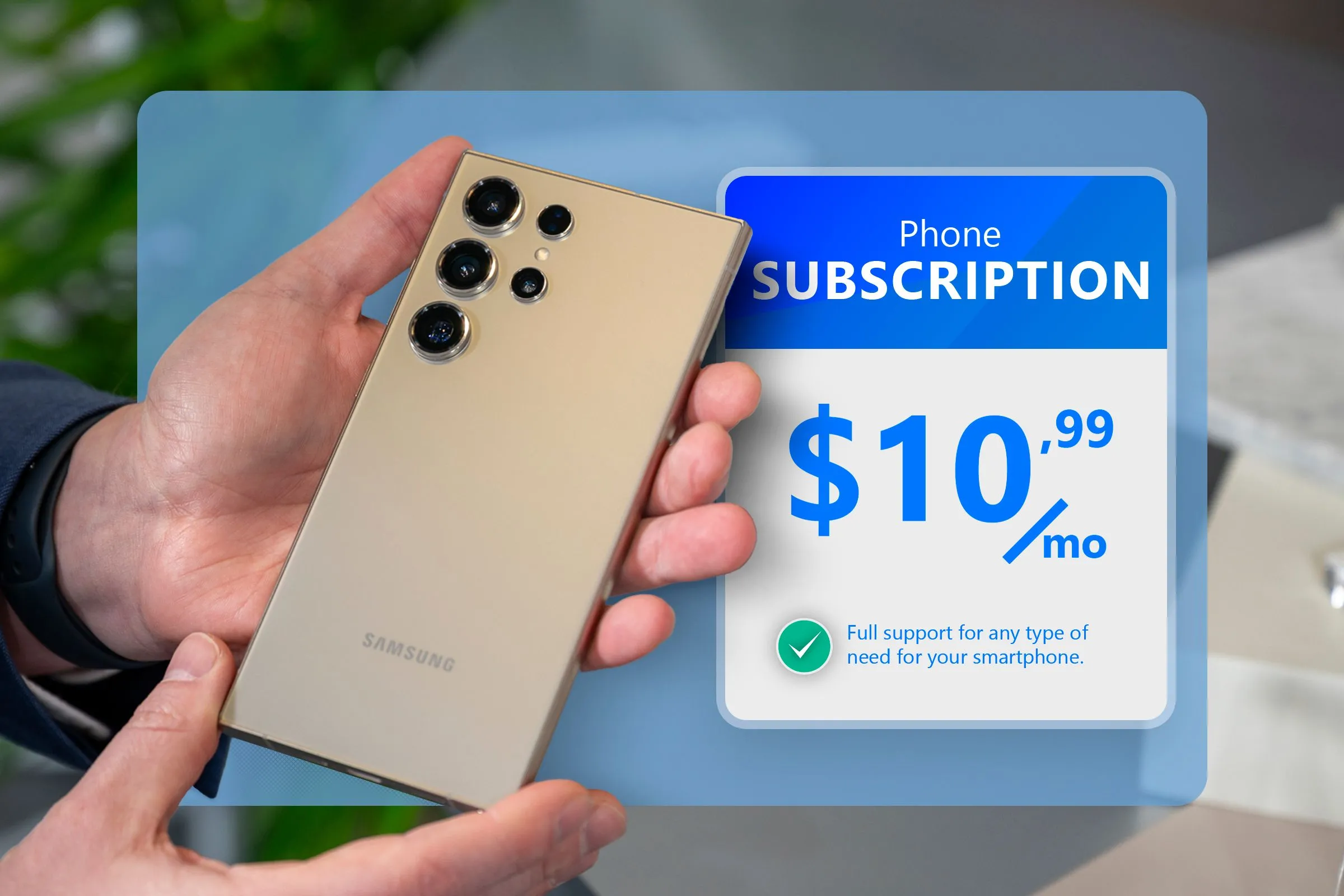 Điện thoại Samsung Galaxy và một thẻ đăng ký gói hỗ trợ, gợi ý về việc kéo dài tuổi thọ thiết bị.
