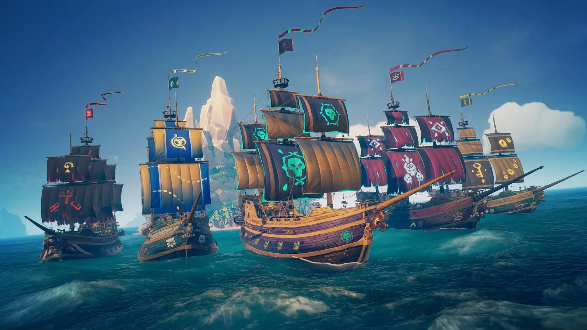 Đội tàu cướp biển trong Sea of Thieves căng buồm rời đảo, một game Xbox đầy màu sắc phù hợp với Nintendo Switch 2