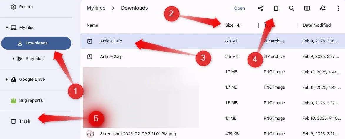 Dọn dẹp thư mục Downloads trên Chromebook bằng cách xóa tệp lớn sau khi sắp xếp theo kích thước và làm trống thùng rác.