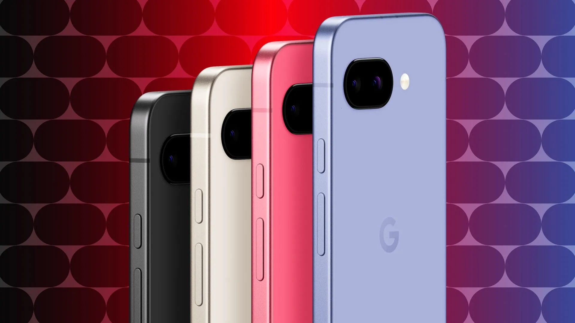 Dòng sản phẩm Google Pixel 9a với các màu đen, vàng, hồng và tím