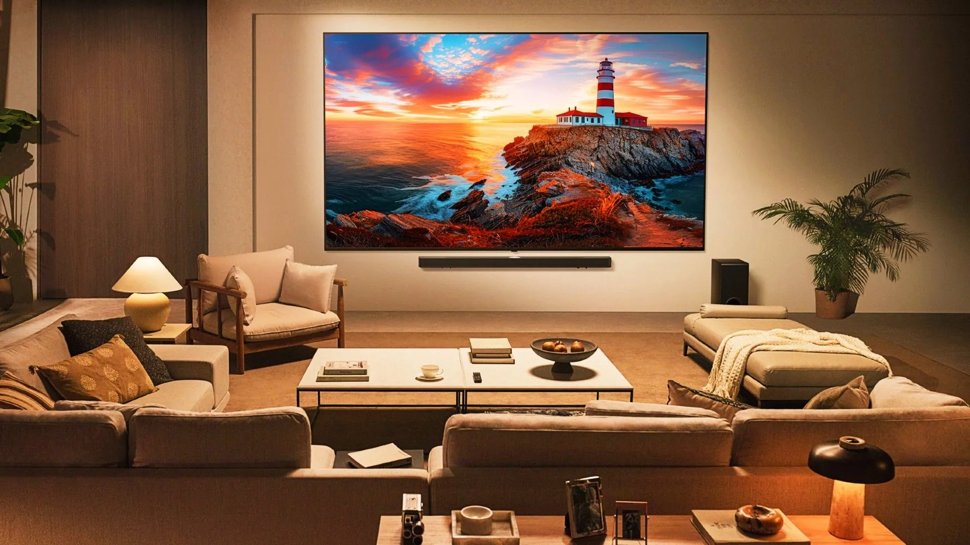 Dòng TV LG QNED Evo 2025 được gắn trên tường phòng khách