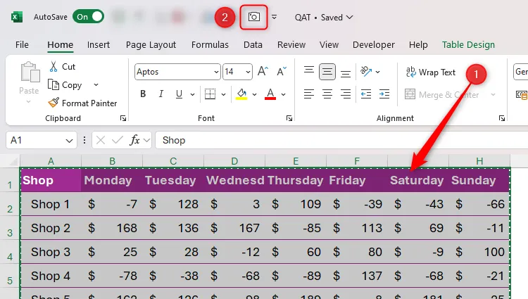 Dữ liệu Excel được chọn và công cụ Camera trong Quick Access Toolbar được làm nổi bật