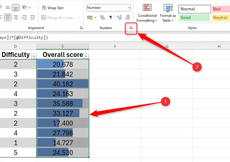 Dữ liệu trong bảng Excel được chọn và biểu tượng hộp thoại Định dạng Số được chọn