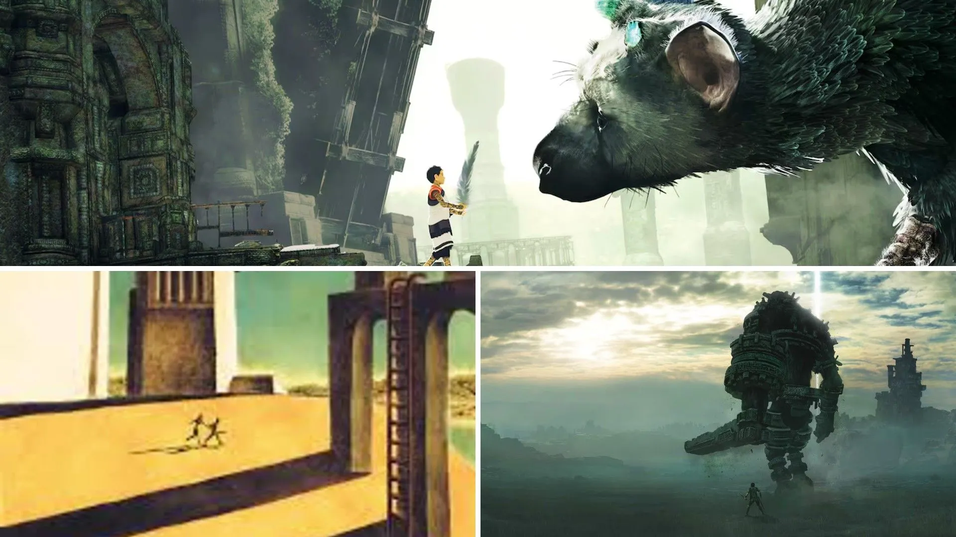 Đứa trẻ và sinh vật lớn trong The Last Guardian, người chơi tấn công Colossus và hai người chạy trốn trong ICO