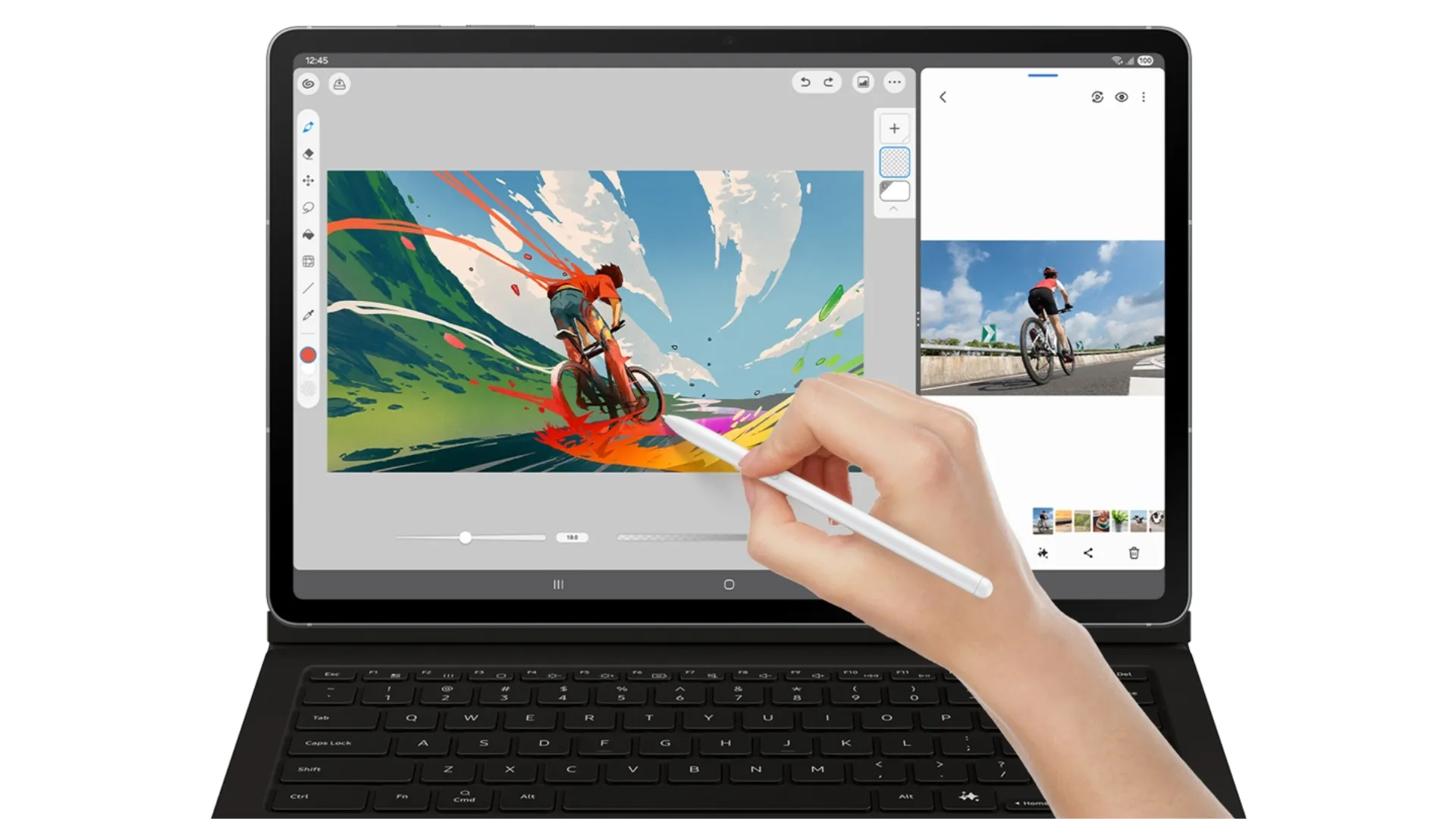 Galaxy Tab S10 FE kết hợp với bàn phím Book Cover và bút S Pen, tạo thành một bộ công cụ làm việc hiệu quả.