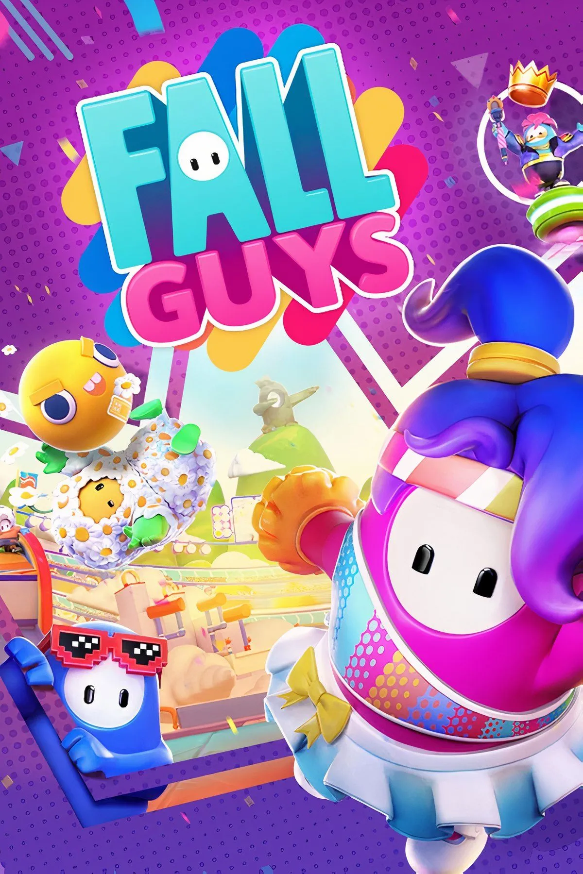 Game Fall Guys: Ultimate Knockout trên Nintendo Switch với nhiều nhân vật hình hạt đậu đang chạy đua trên chướng ngại vật đầy màu sắc