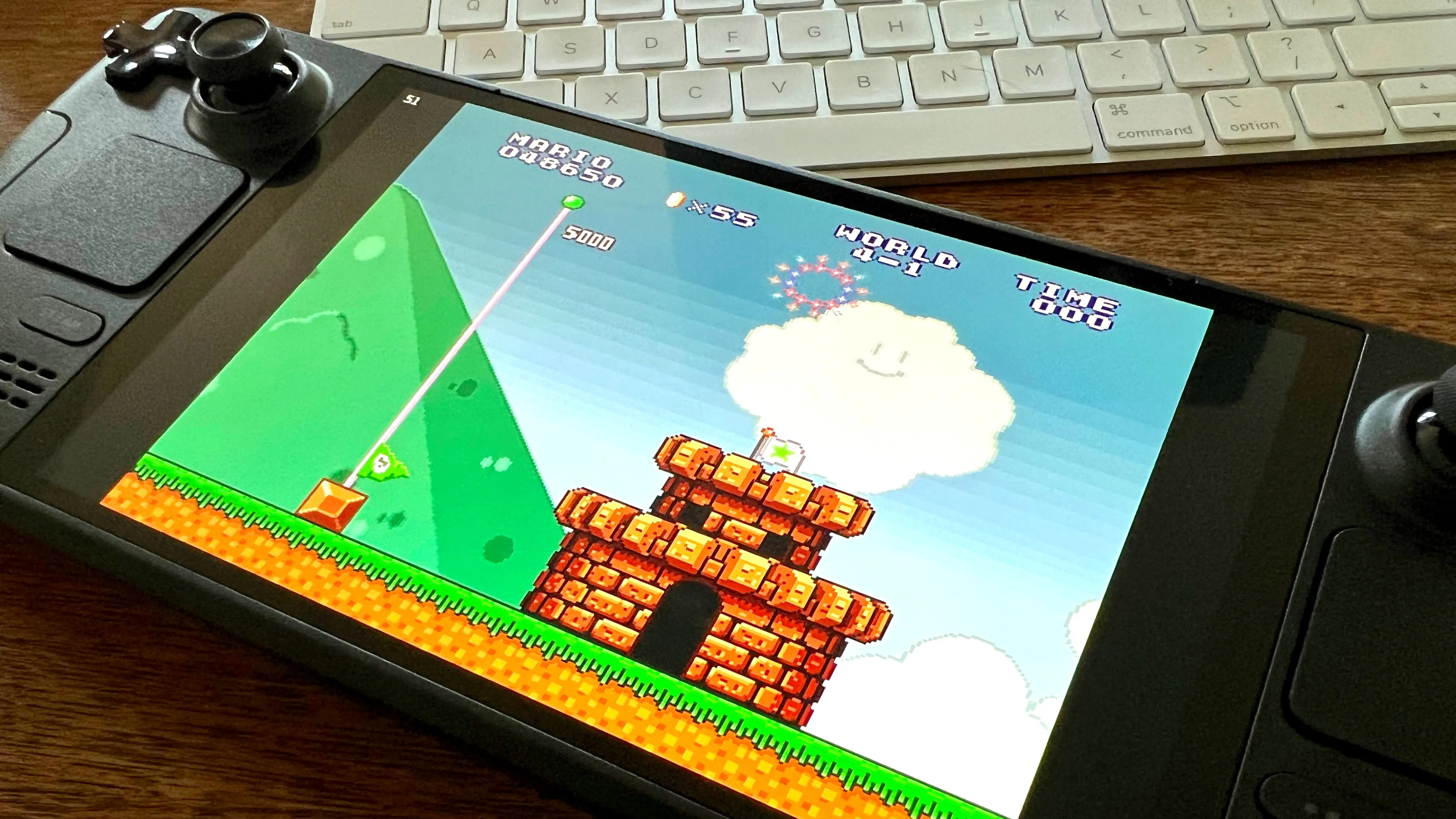 Game Super Mario All Stars hiển thị trên Steam Deck với màn hình &quot;Level Complete&quot;, cho thấy khả năng giả lập game retro trên thiết bị.