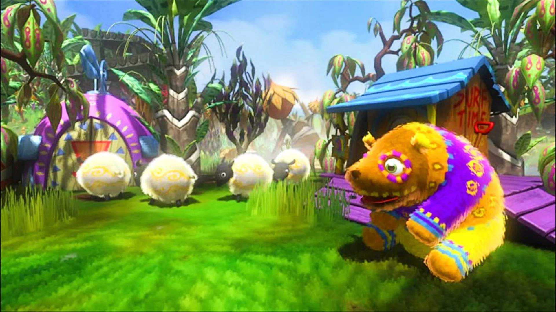 Gấu Piñata và cừu Piñata trong Viva Piñata ngồi trên cánh đồng cỏ xanh mướt, một game mô phỏng Xbox đầy màu sắc được đề xuất cho Switch 2