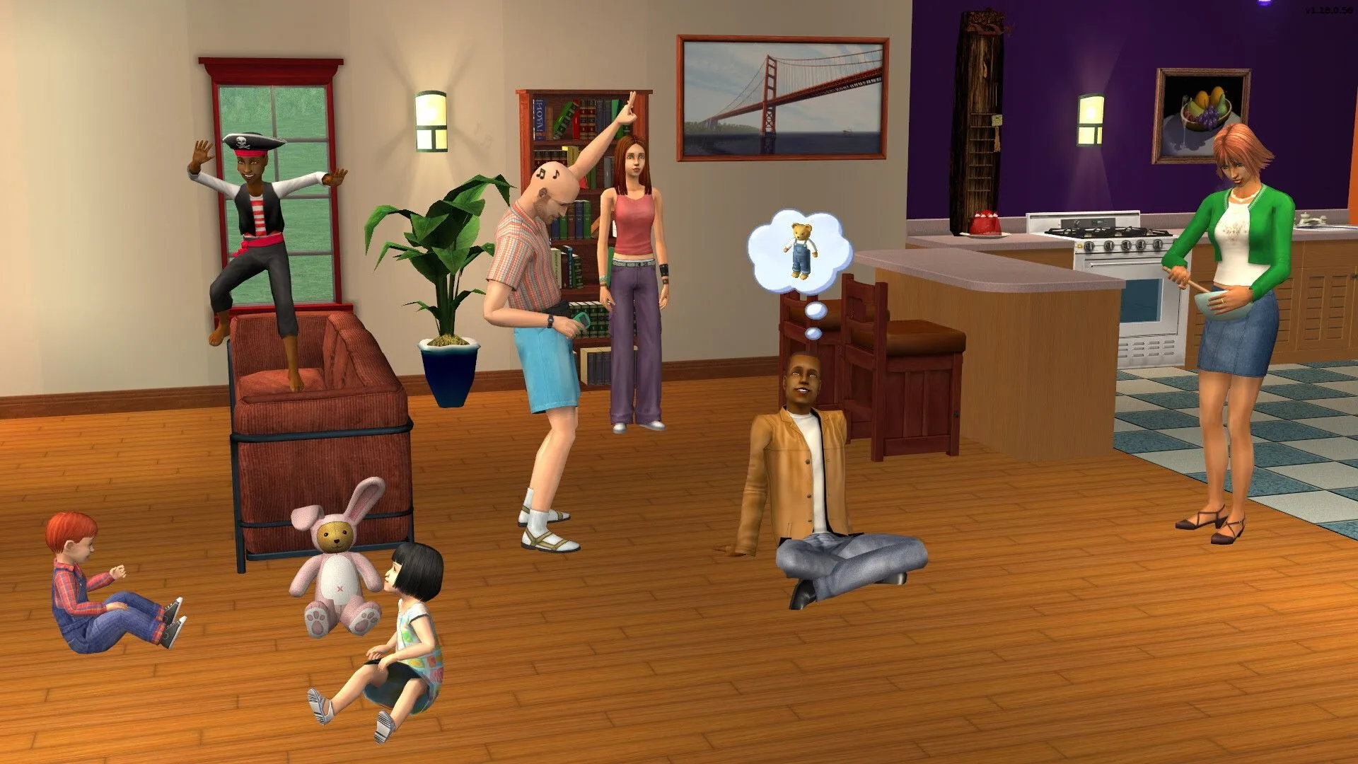 Gia đình Sims trong The Sims 2 đang tương tác trong ngôi nhà của họ