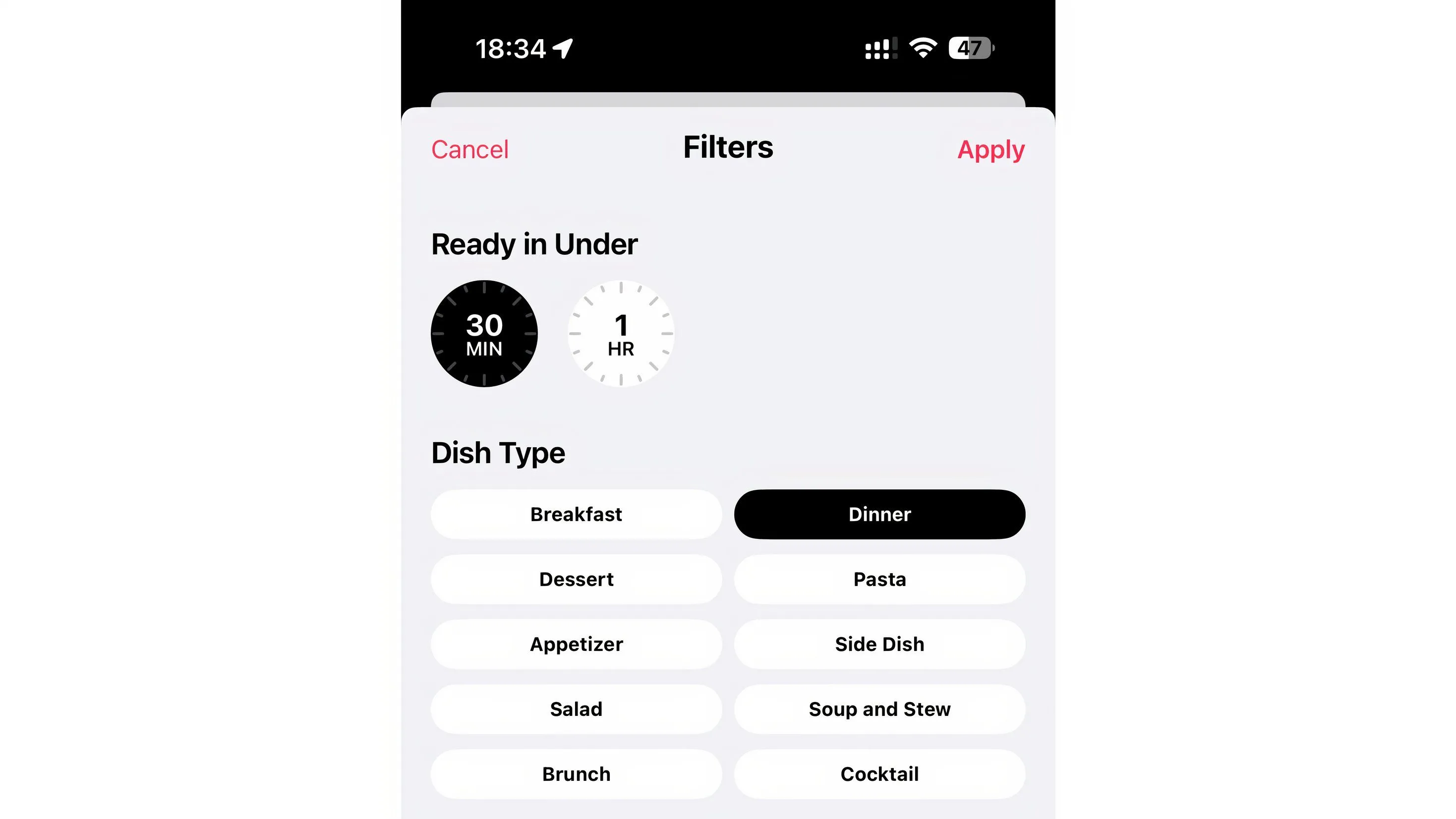 Giao diện bộ lọc công thức trong Apple News Food trên iPhone, cho phép tìm kiếm bữa tối dưới 30 phút, thể hiện tính năng lọc nâng cao
