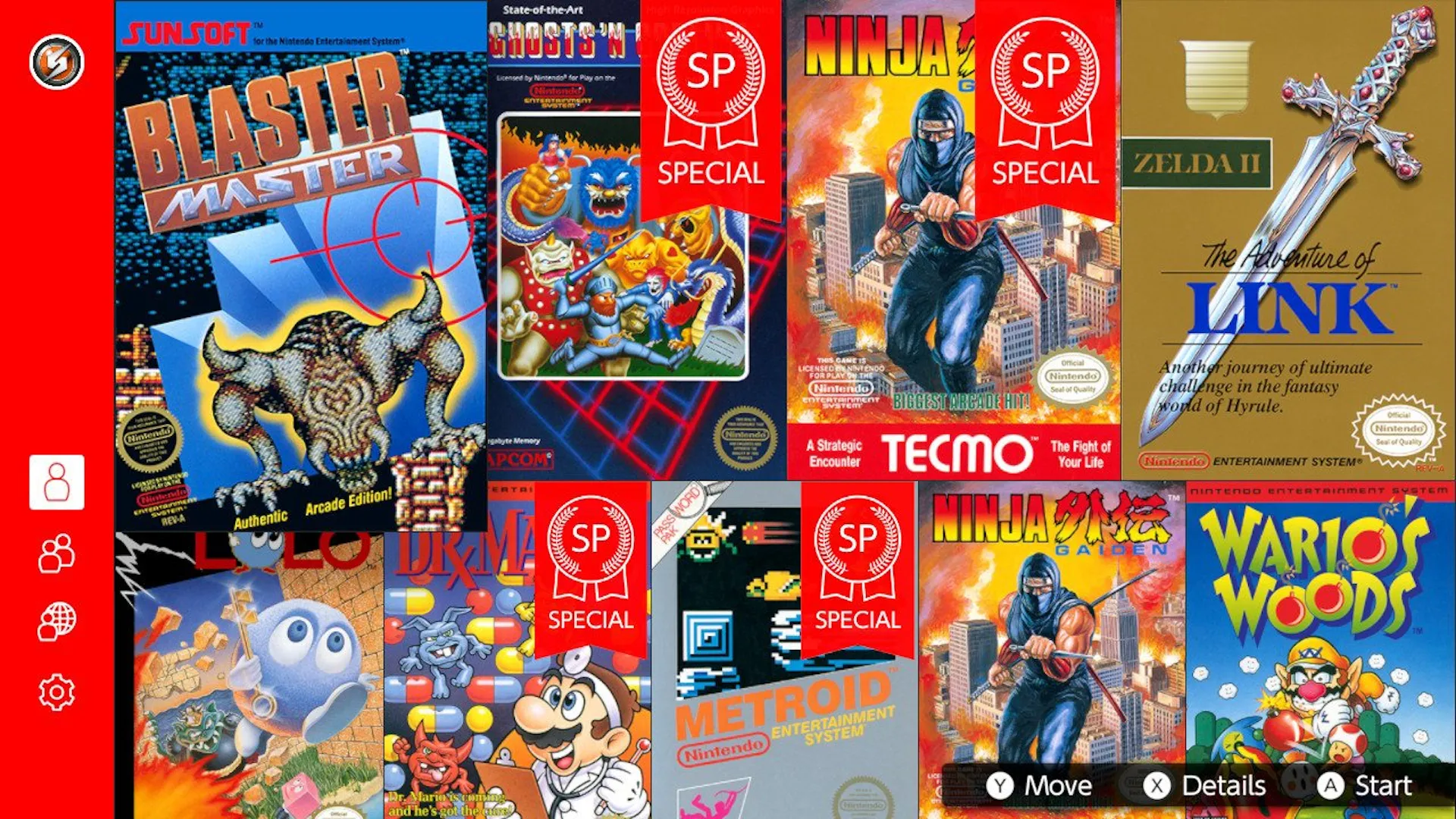 Giao diện các phiên bản &quot;SP&quot; của game NES trên Nintendo Switch Online, mang đến trải nghiệm chơi game giả lập cổ điển với nhiều lợi thế và nội dung mở khóa.