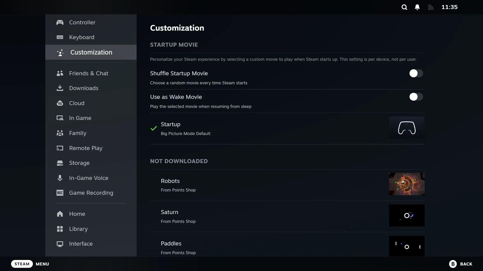 Giao diện cài đặt Tùy chỉnh (Customization) của Steam, nơi quản lý các video khởi động.