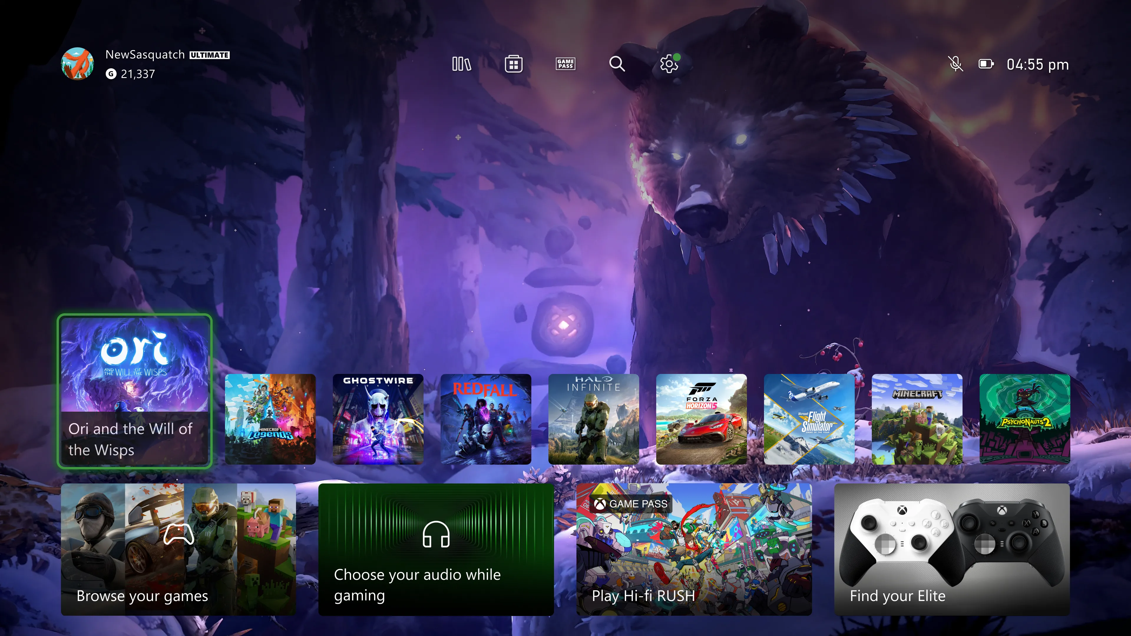 Giao diện chính của Xbox với menu truy cập nhanh, minh họa cho trải nghiệm chơi game mượt mà như console.