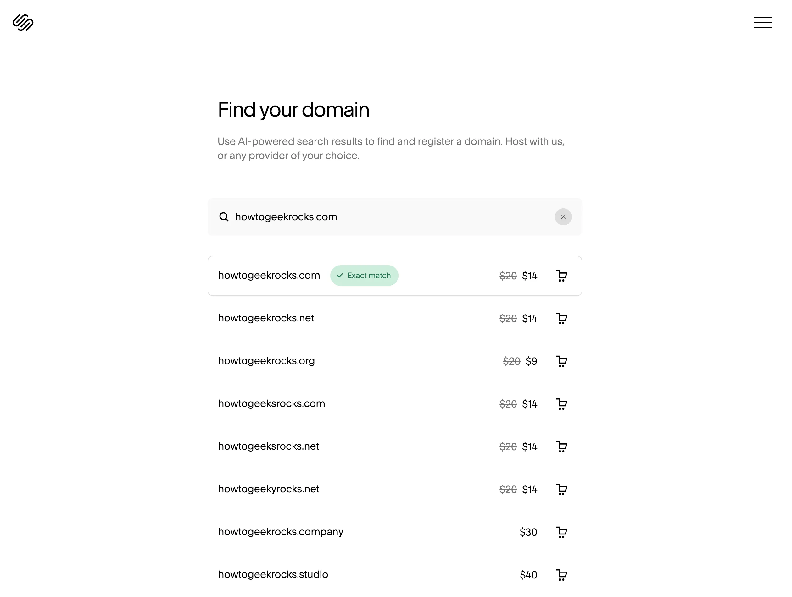 Giao diện đăng ký tên miền Squarespace hiển thị tên miền howtogeekrocks.com