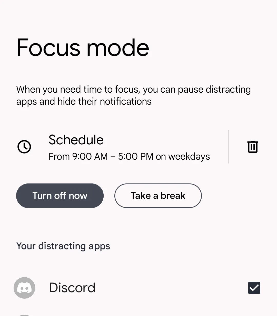 Giao diện Digital Wellbeing trên Android với tính năng Chế độ Tập trung đang hoạt động.