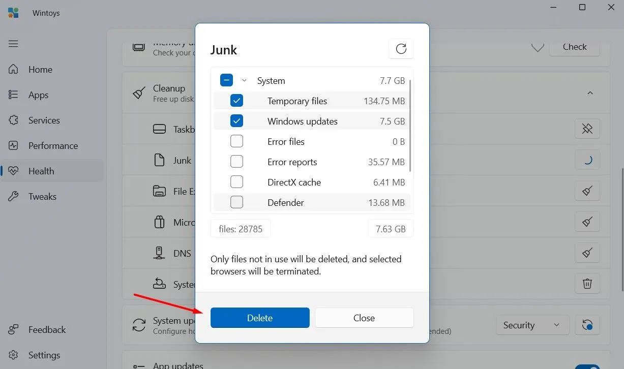 Giao diện dọn dẹp file rác và tối ưu hệ thống trong Wintoys